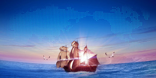 蓝色红色大海帆船阳光世界地图世界航海日展板背景世界海航日背景